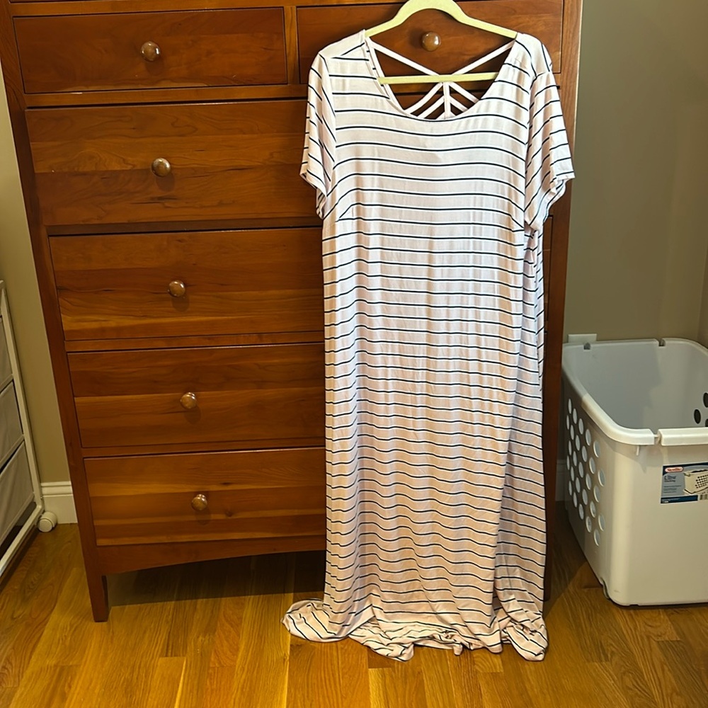 Pink, navy and white striped maxi dress